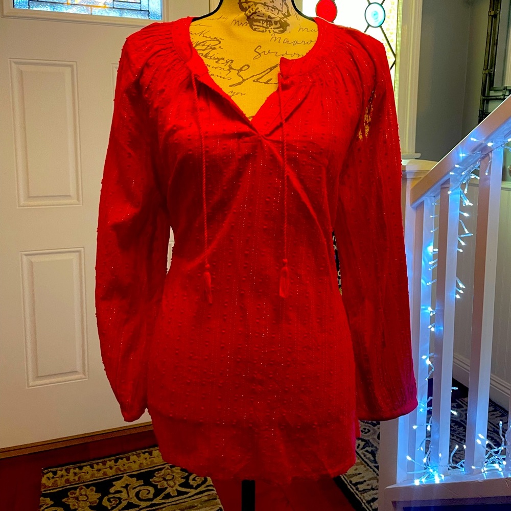 Gorgeous red boho peasant blouse with delicate metallic woven in NWT
